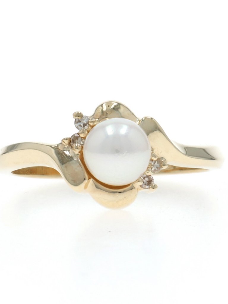 Yellow Gold Cultured Pearl Diamond Bypass Ring - 10k Bead